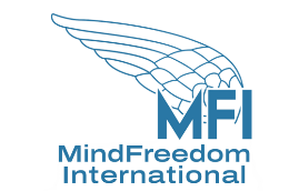 The logo of MindFreedom International, the letters "MFI" attached is a large pair of wings